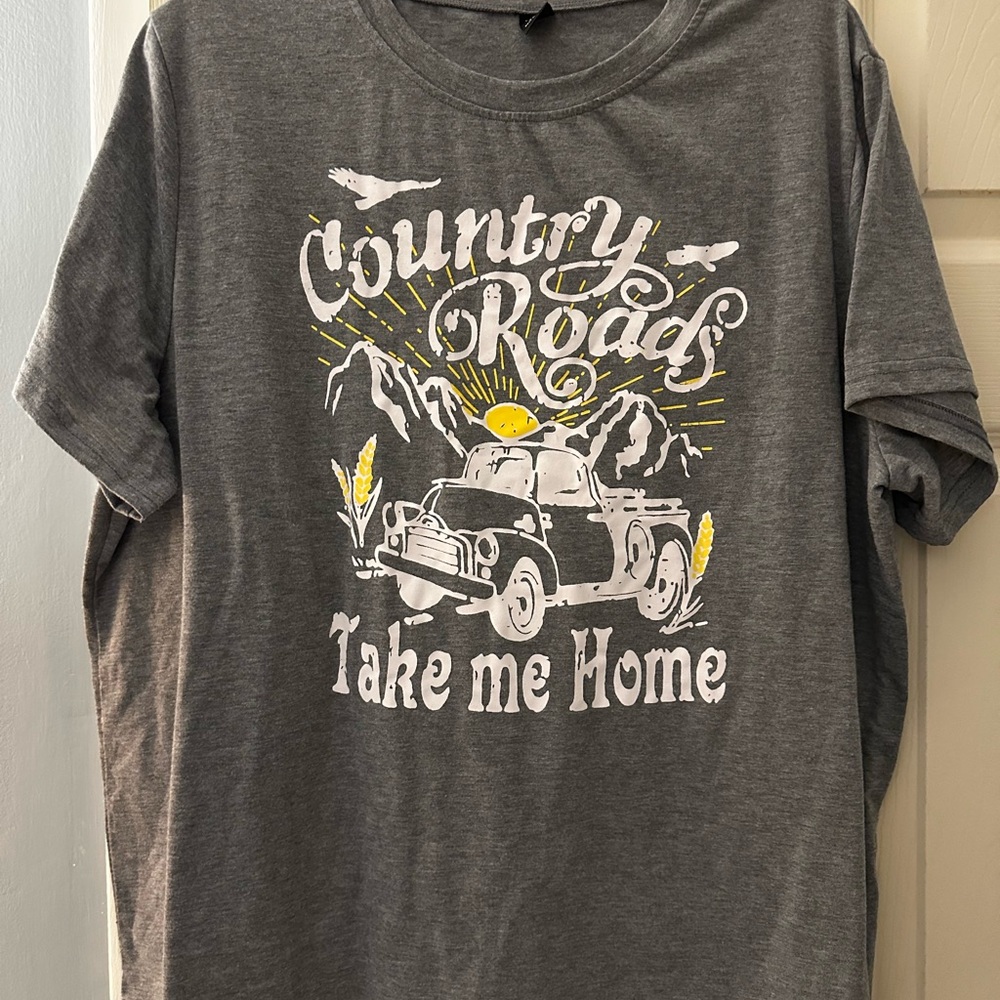 Gray Graphic T-Shirt with Country Roads Design